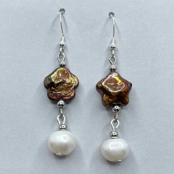 Artisan 925 Sterling Silver Star Pearl Round Pearl Dangle Earrings Boho Unique - Picture 1 of 8